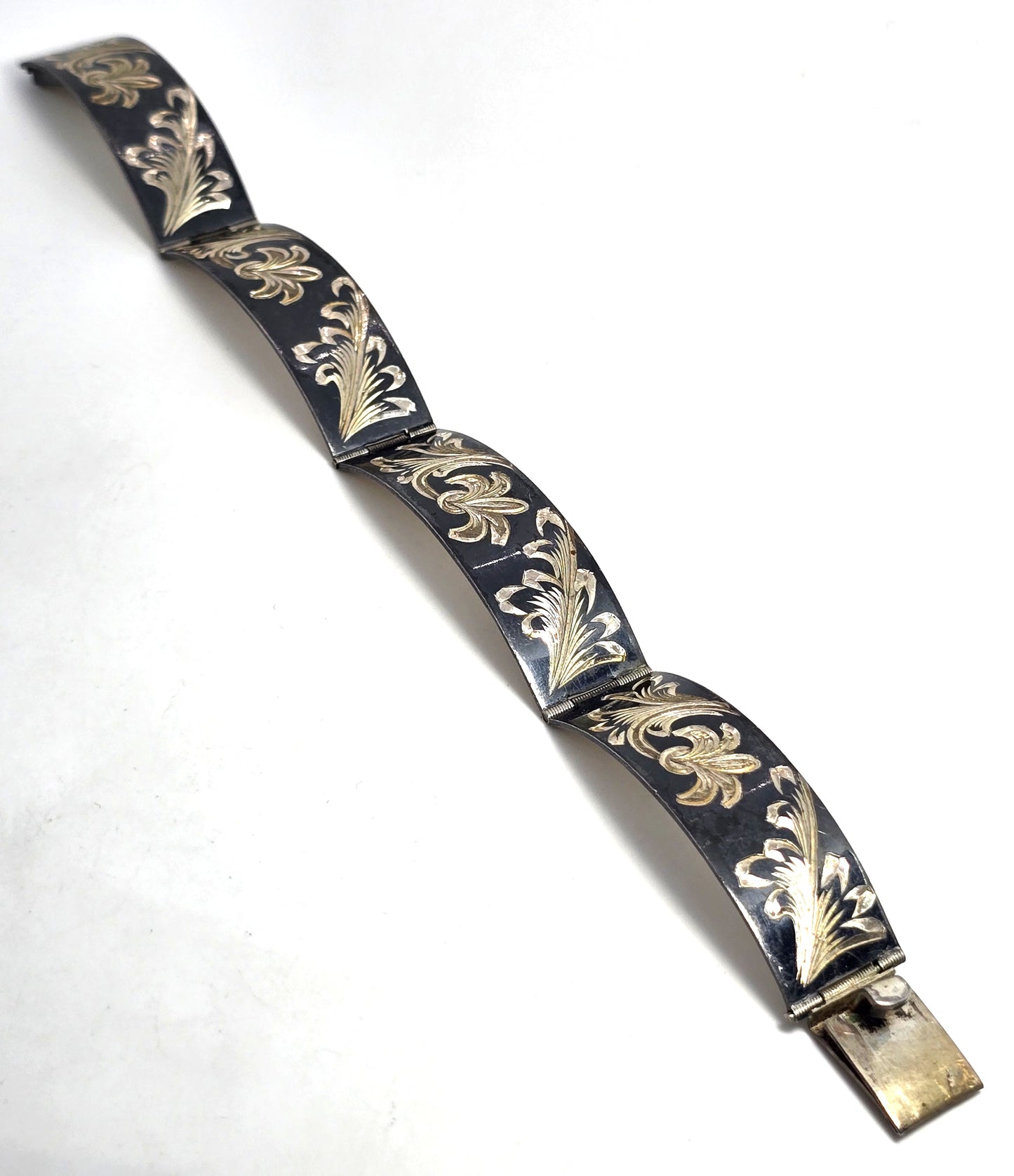 Beatrice Imports Mexican Black enamel Etched vintage sterling silver panel bracelet