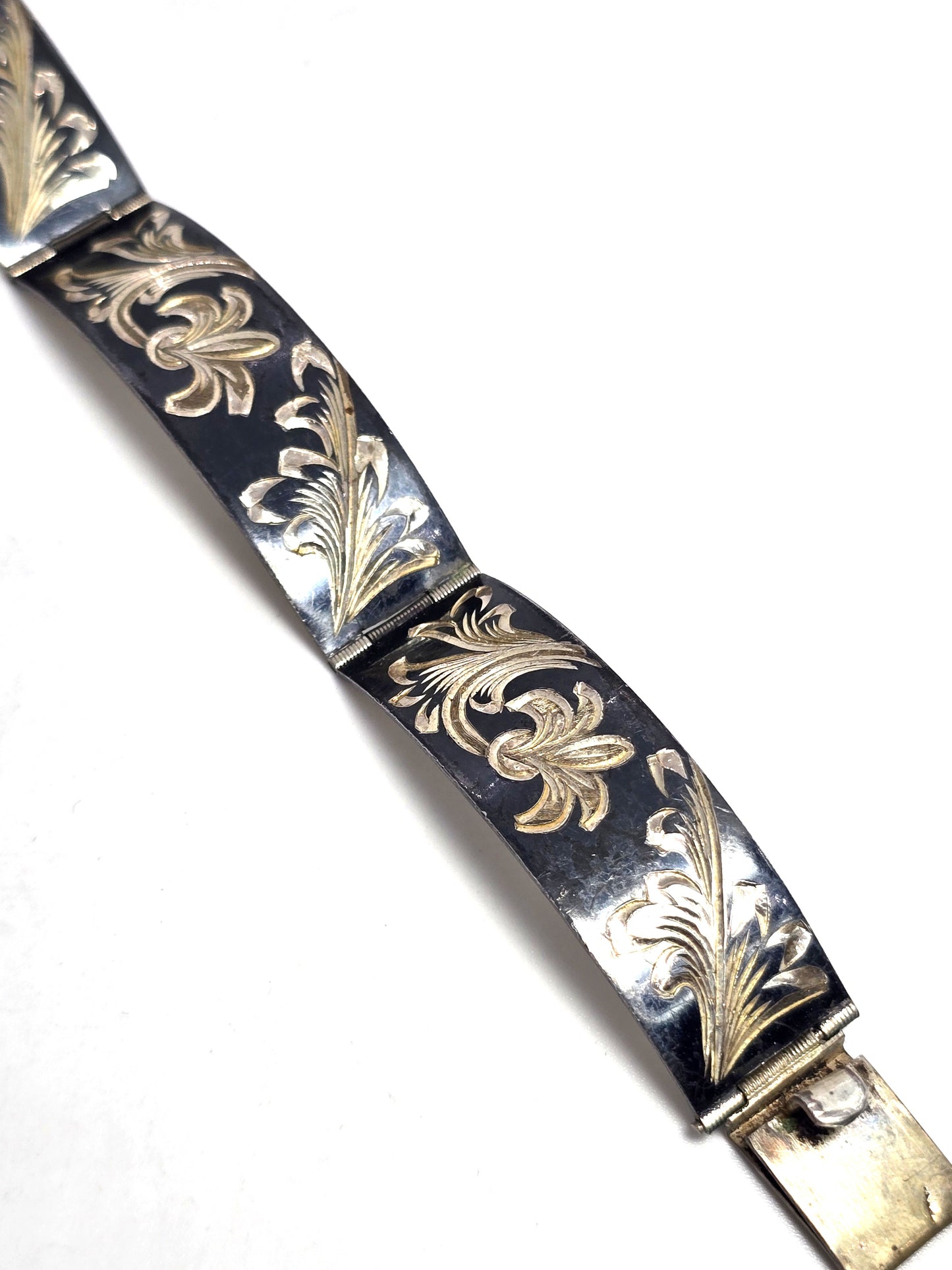 Beatrice Imports Mexican Black enamel Etched vintage sterling silver panel bracelet