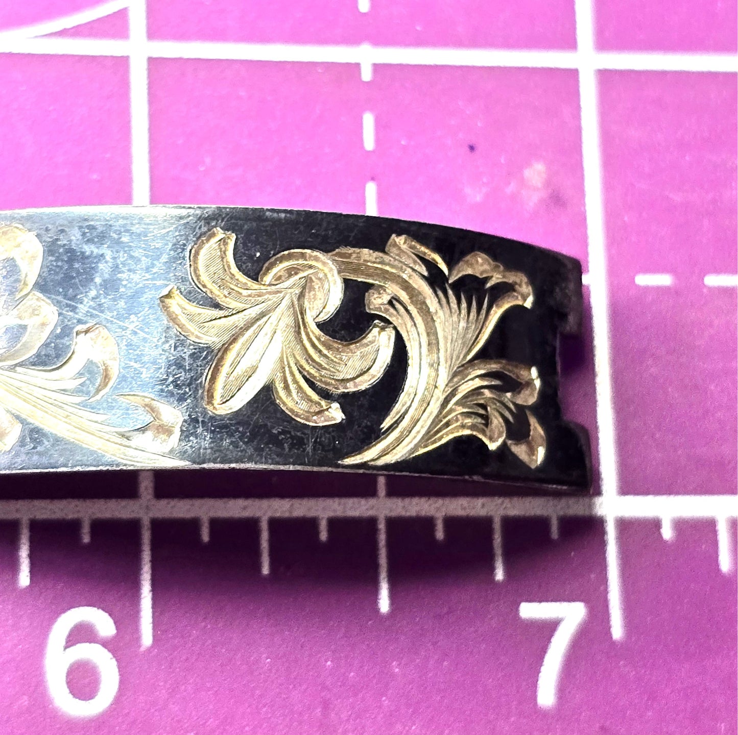 Beatrice Imports Mexican Black enamel Etched vintage sterling silver panel bracelet