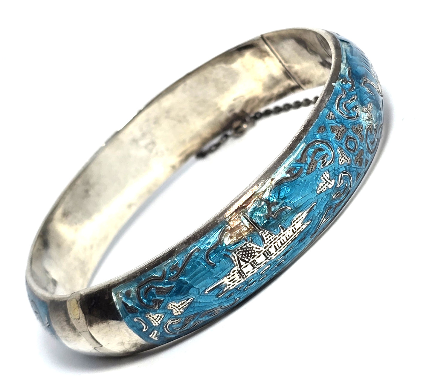 Siam Guilloche Bright teal blue enamel vintage sterling silver cuff bangle bracelet CHIP