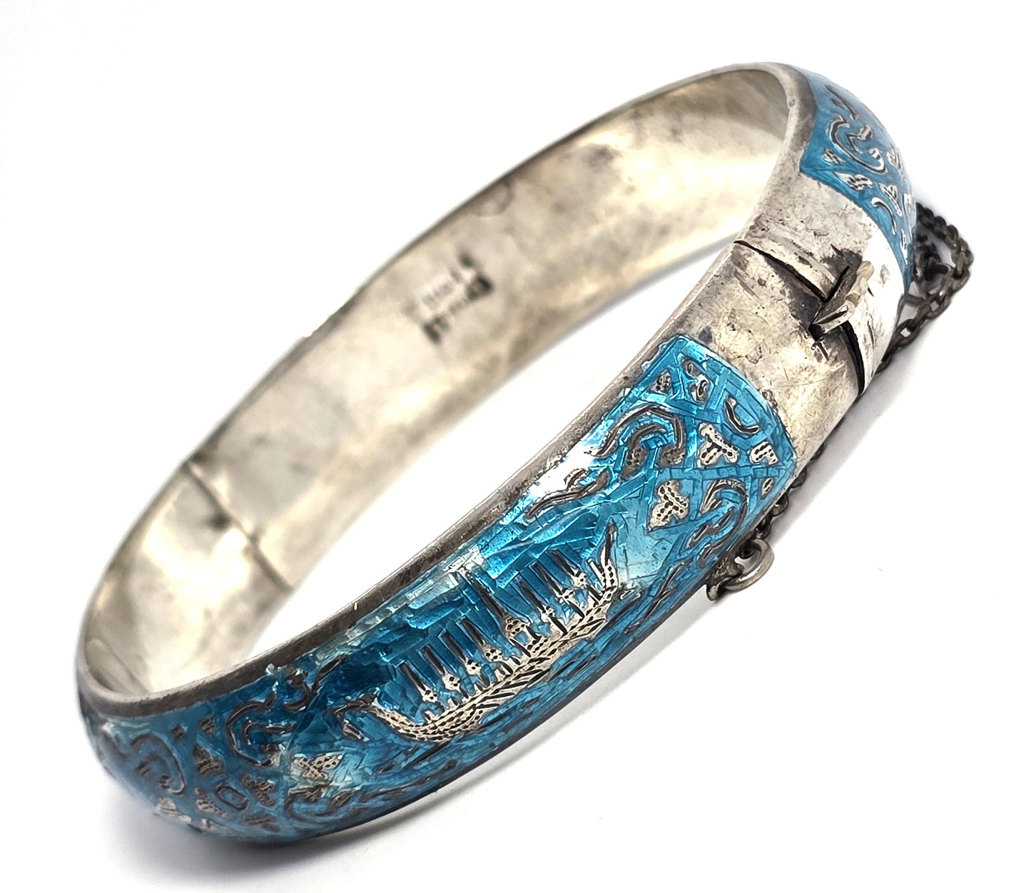 Siam Guilloche Bright teal blue enamel vintage sterling silver cuff bangle bracelet CHIP