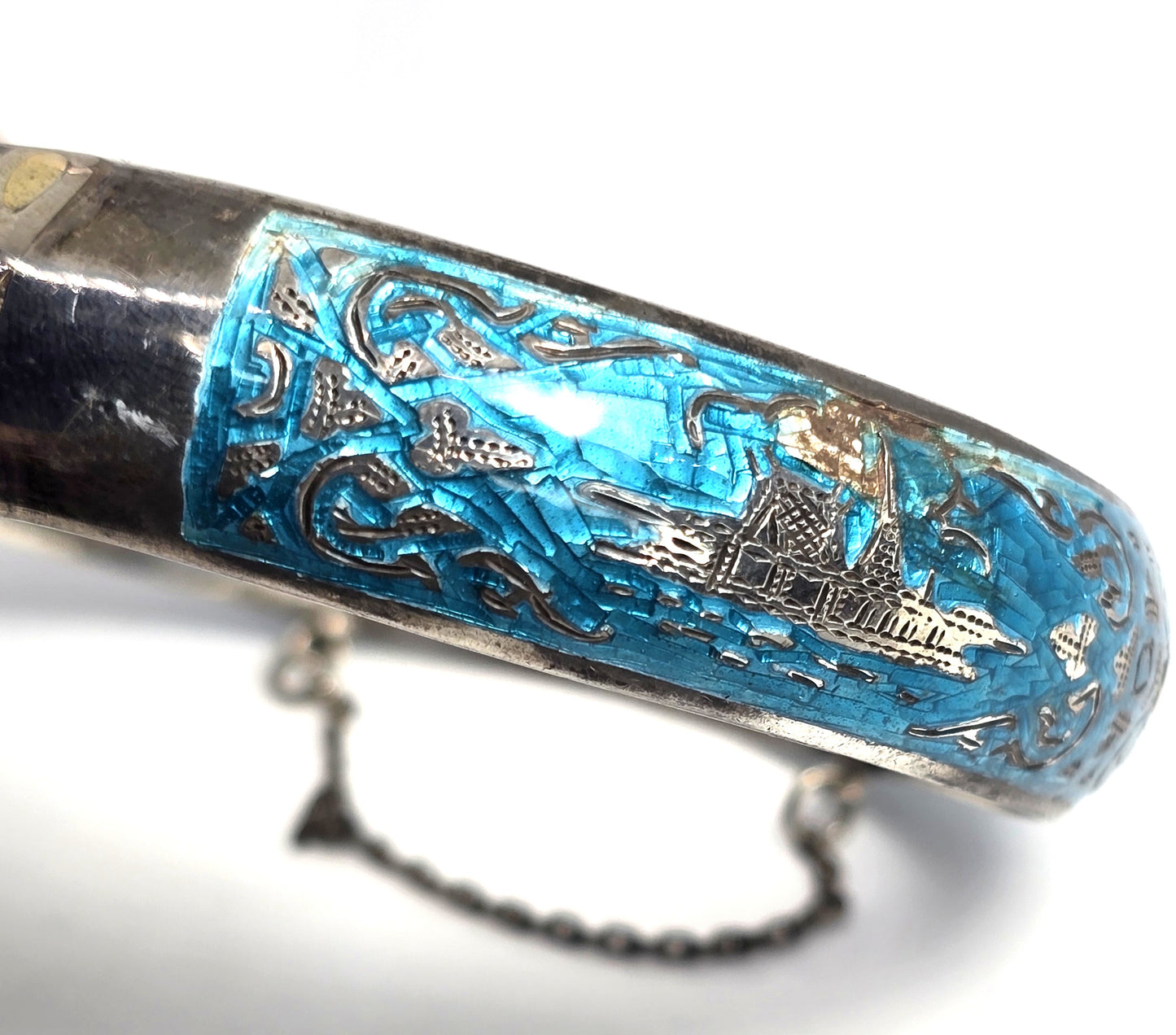 Siam Guilloche Bright teal blue enamel vintage sterling silver cuff bangle bracelet CHIP