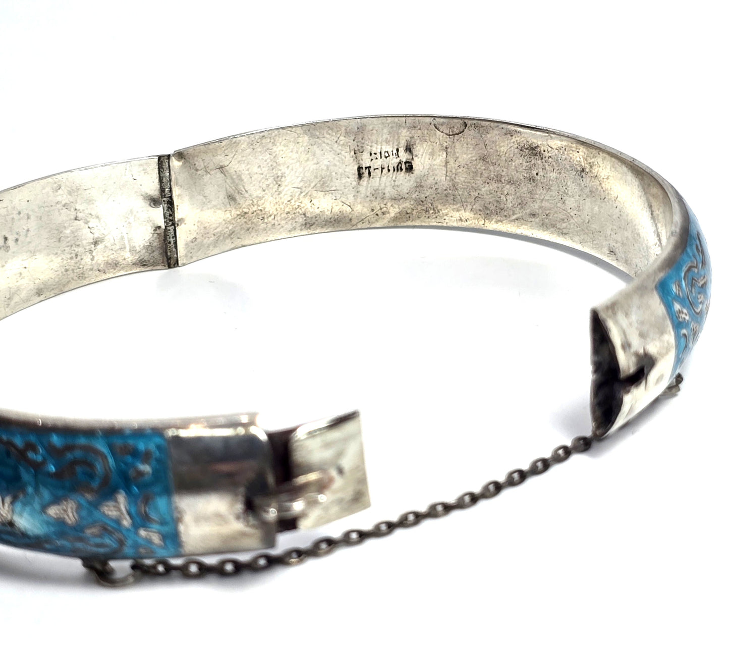Siam Guilloche Bright teal blue enamel vintage sterling silver cuff bangle bracelet CHIP