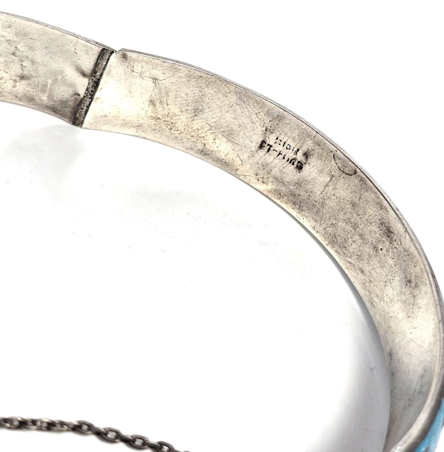 Siam Guilloche Bright teal blue enamel vintage sterling silver cuff bangle bracelet CHIP
