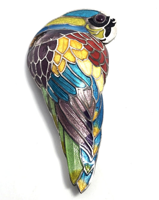 McCaw Parrot Maya Taxco Mexico TM-171 vintage Enamel Sterling Silver Brooch CHIP