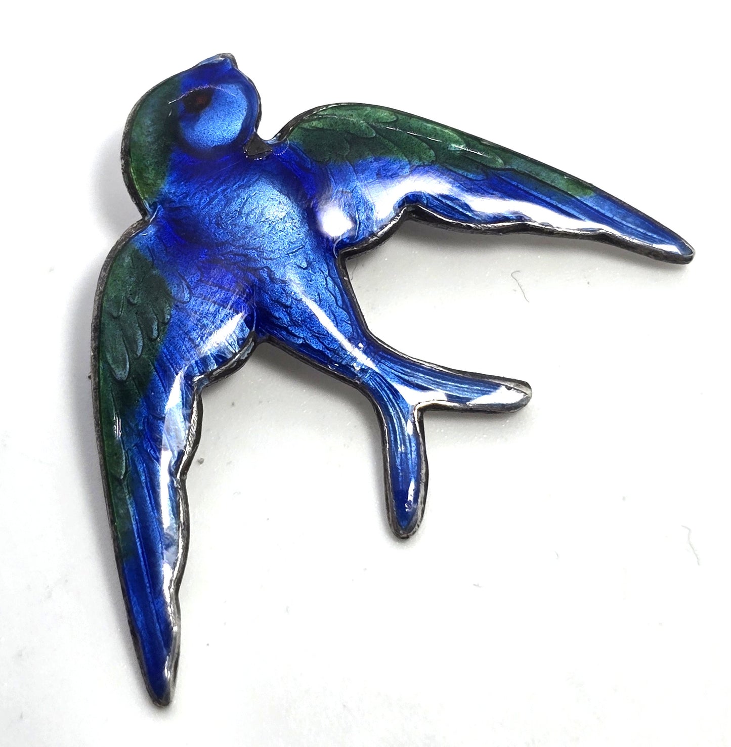 Victorian Antique blue enamel guilloche swallow Sterling Silver Enamel Brooch pin