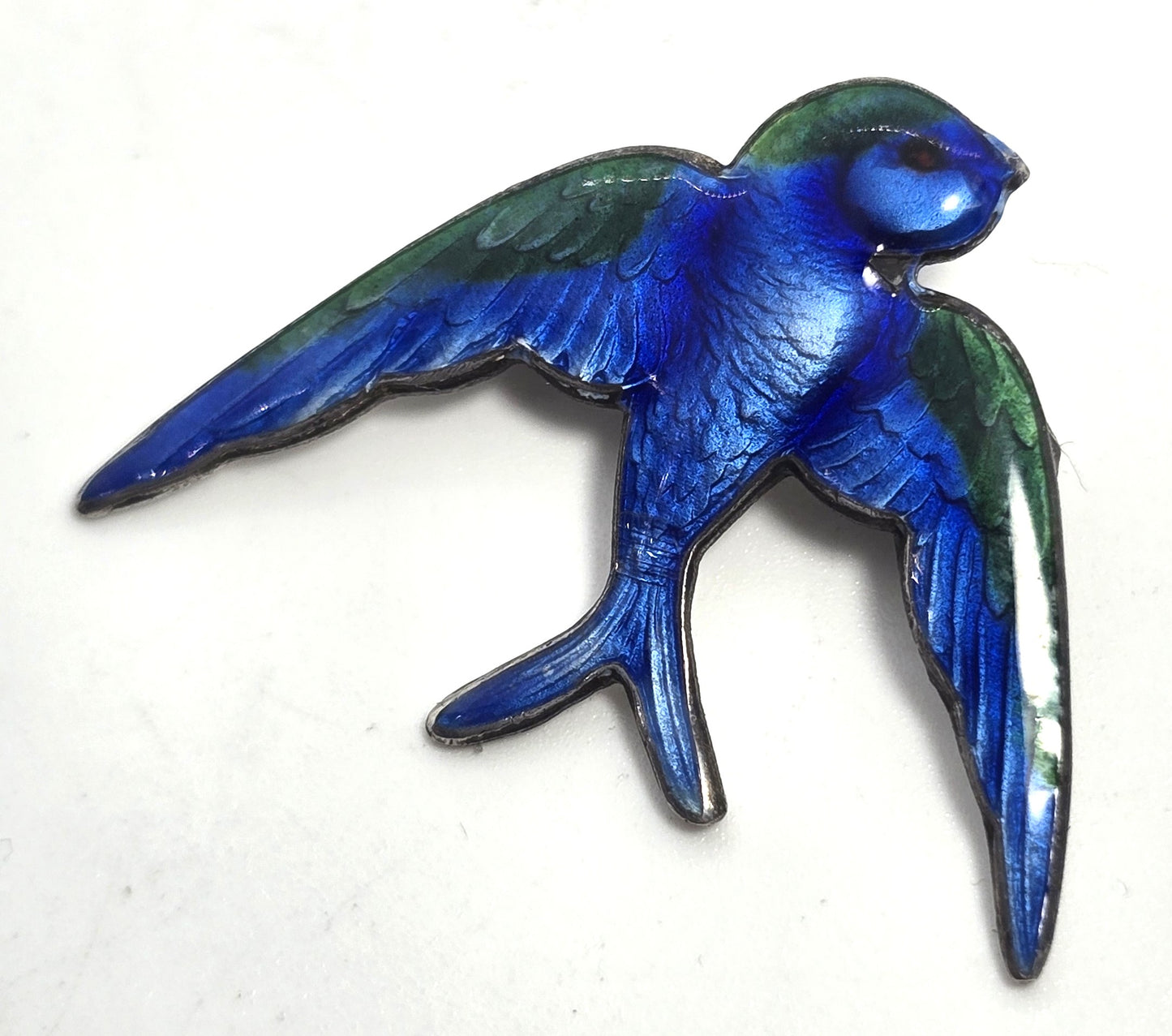 Victorian Antique blue enamel guilloche swallow Sterling Silver Enamel Brooch pin