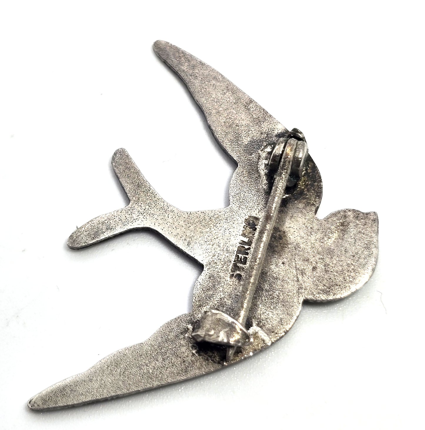 Victorian Antique blue enamel guilloche swallow Sterling Silver Enamel Brooch pin