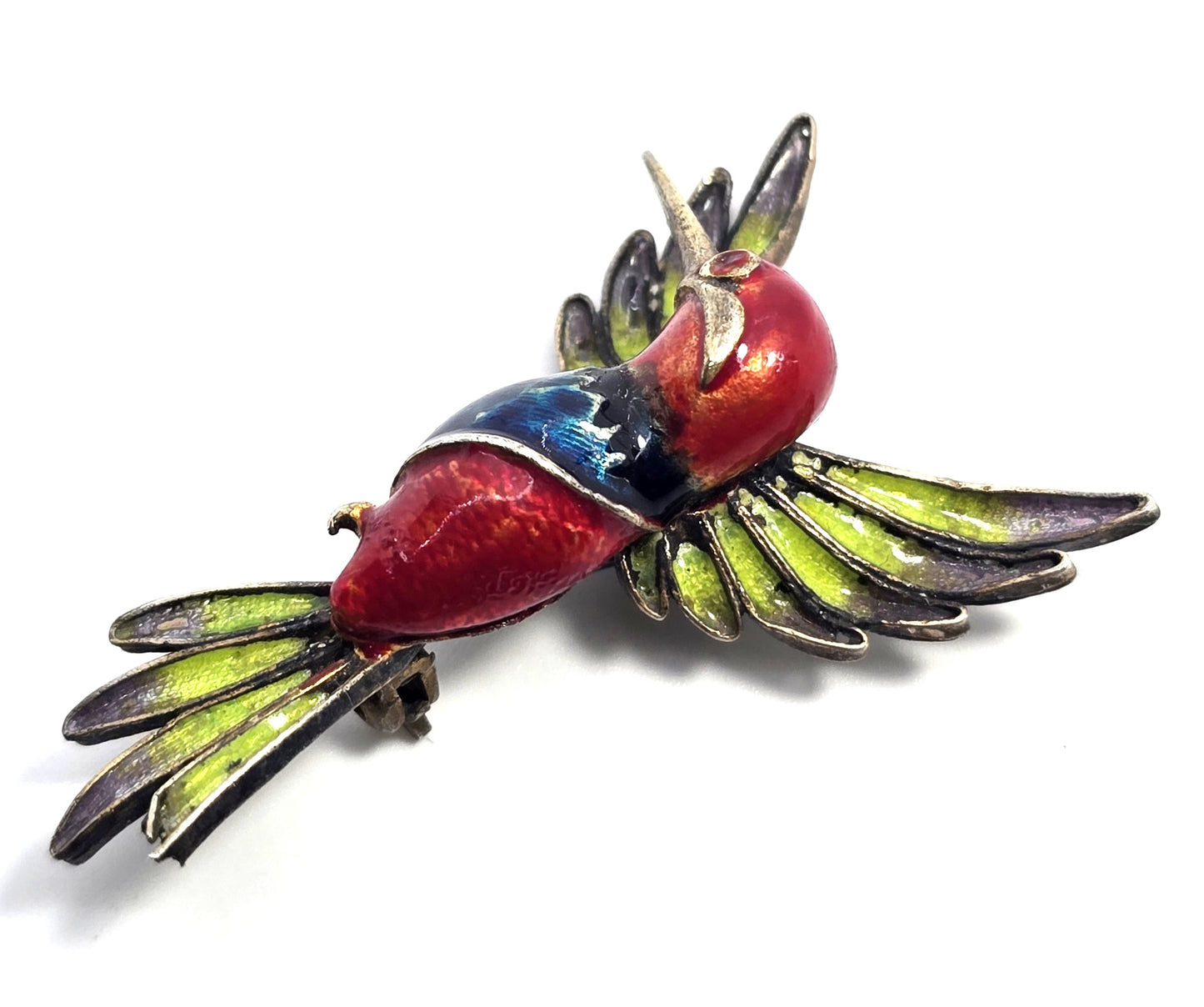 ALIOTO ADRIANA 79 GE enamel hummingbird spun silver gilt 800 sterling silver brooch