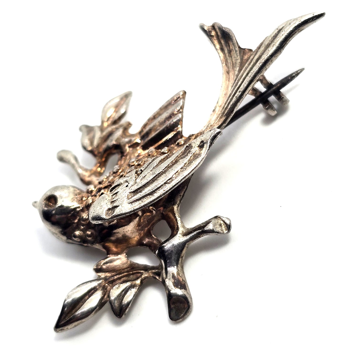 Flying swallow bird on a branch mid century vintage silver plated brooch