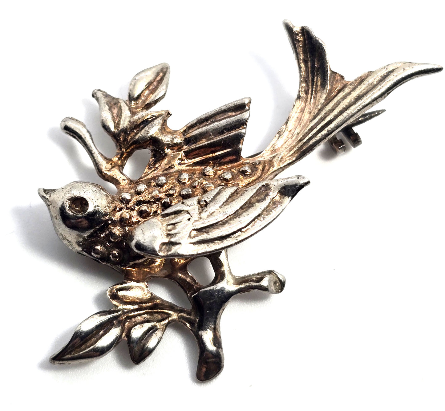 Flying swallow bird on a branch mid century vintage silver plated brooch