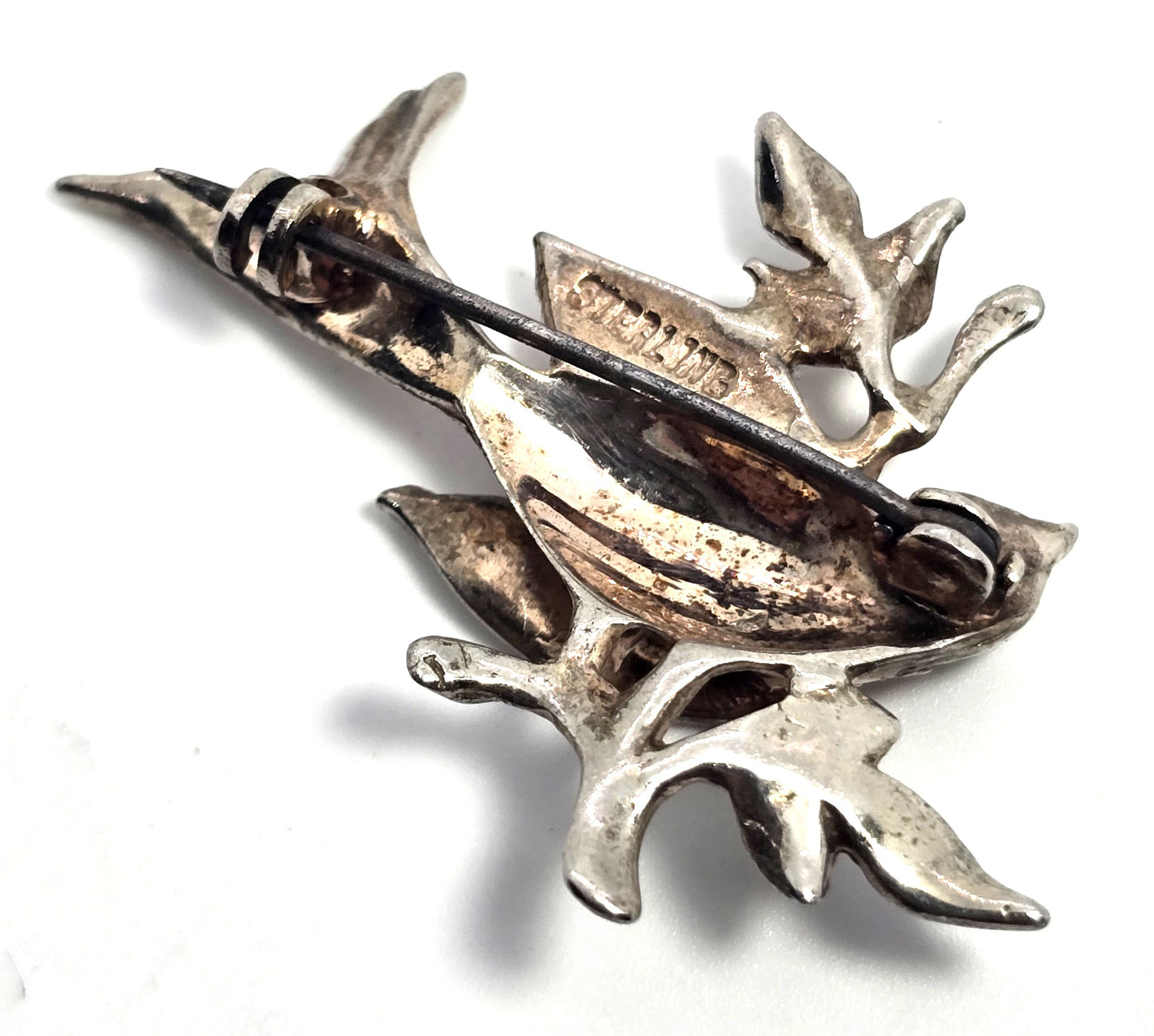Flying swallow bird on a branch mid century vintage silver plated brooch