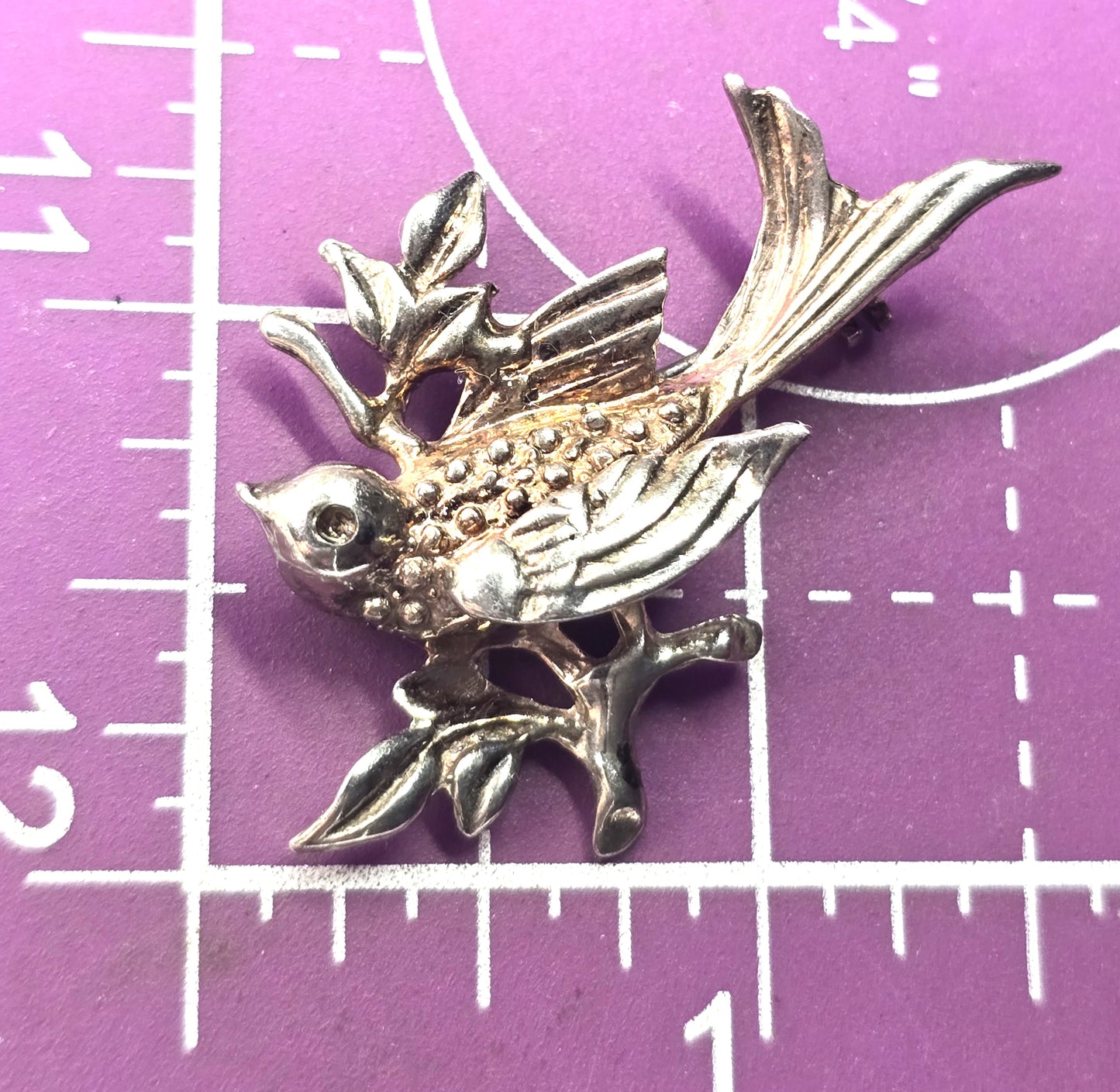 Flying swallow bird on a branch mid century vintage silver plated brooch
