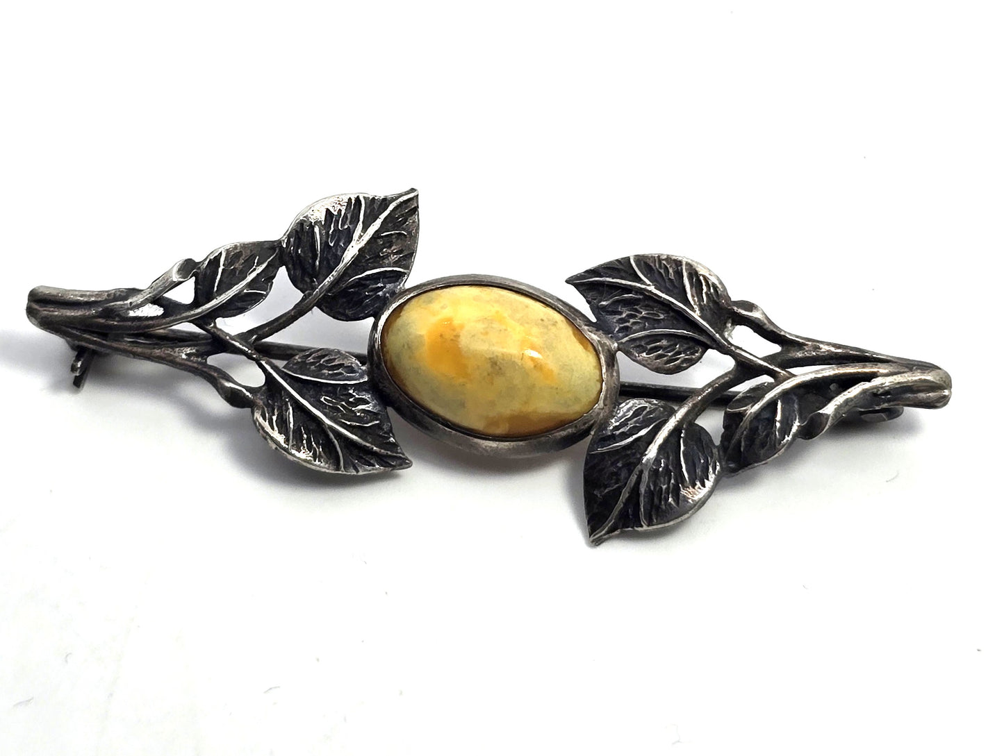 Egg yolk Baltic amber Polish silver vintage sterling leaf and branch bar pin brooch