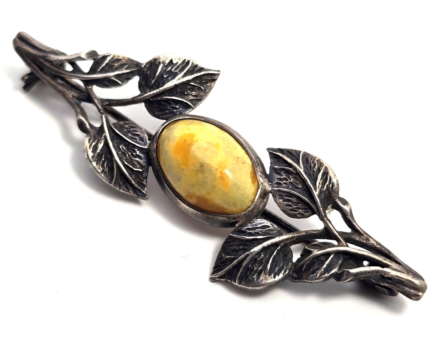 Egg yolk Baltic amber Polish silver vintage sterling leaf and branch bar pin brooch