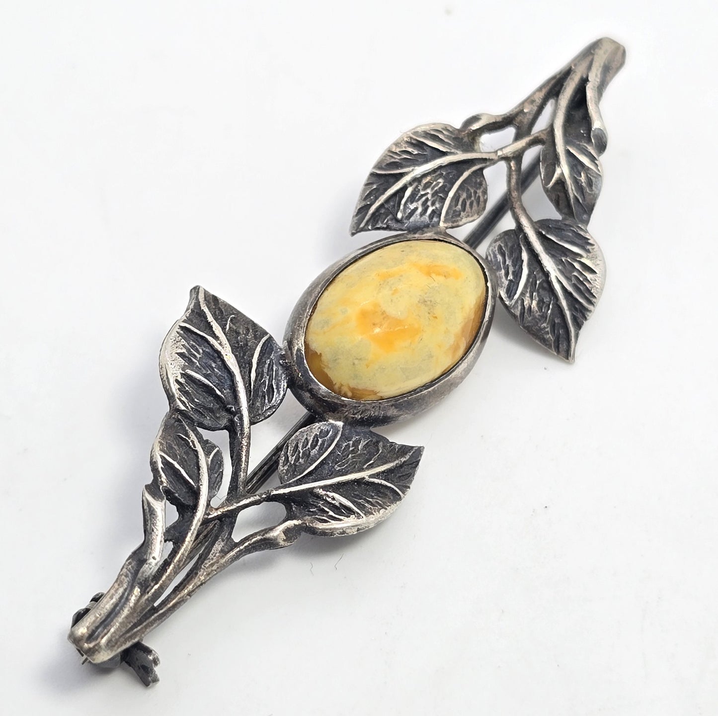 Egg yolk Baltic amber Polish silver vintage sterling leaf and branch bar pin brooch
