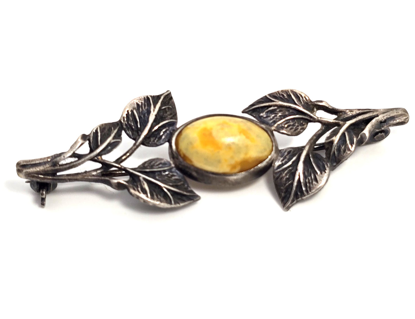 Egg yolk Baltic amber Polish silver vintage sterling leaf and branch bar pin brooch