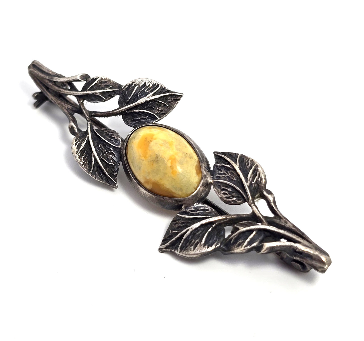 Egg yolk Baltic amber Polish silver vintage sterling leaf and branch bar pin brooch