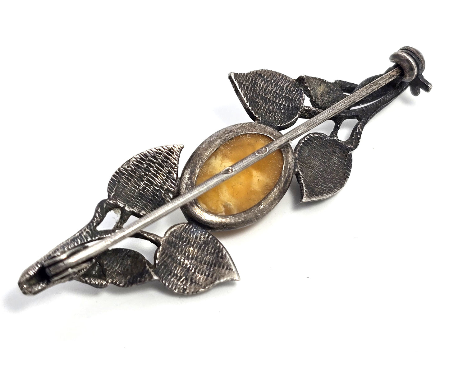 Egg yolk Baltic amber Polish silver vintage sterling leaf and branch bar pin brooch
