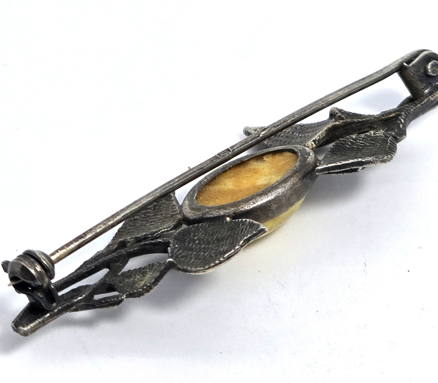 Egg yolk Baltic amber Polish silver vintage sterling leaf and branch bar pin brooch