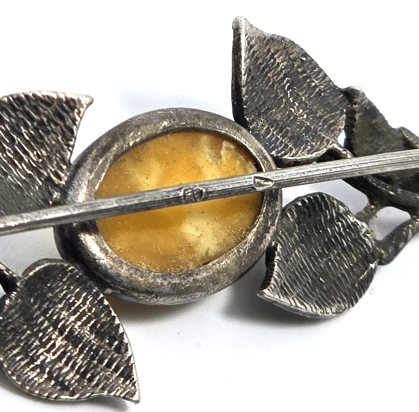Egg yolk Baltic amber Polish silver vintage sterling leaf and branch bar pin brooch