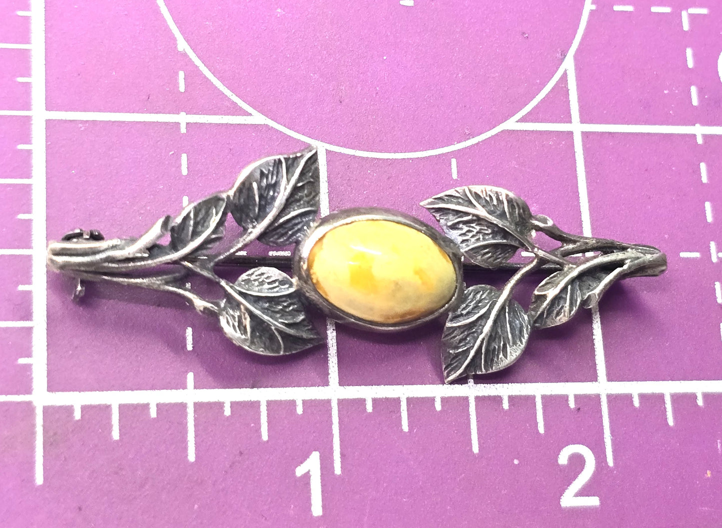 Egg yolk Baltic amber Polish silver vintage sterling leaf and branch bar pin brooch