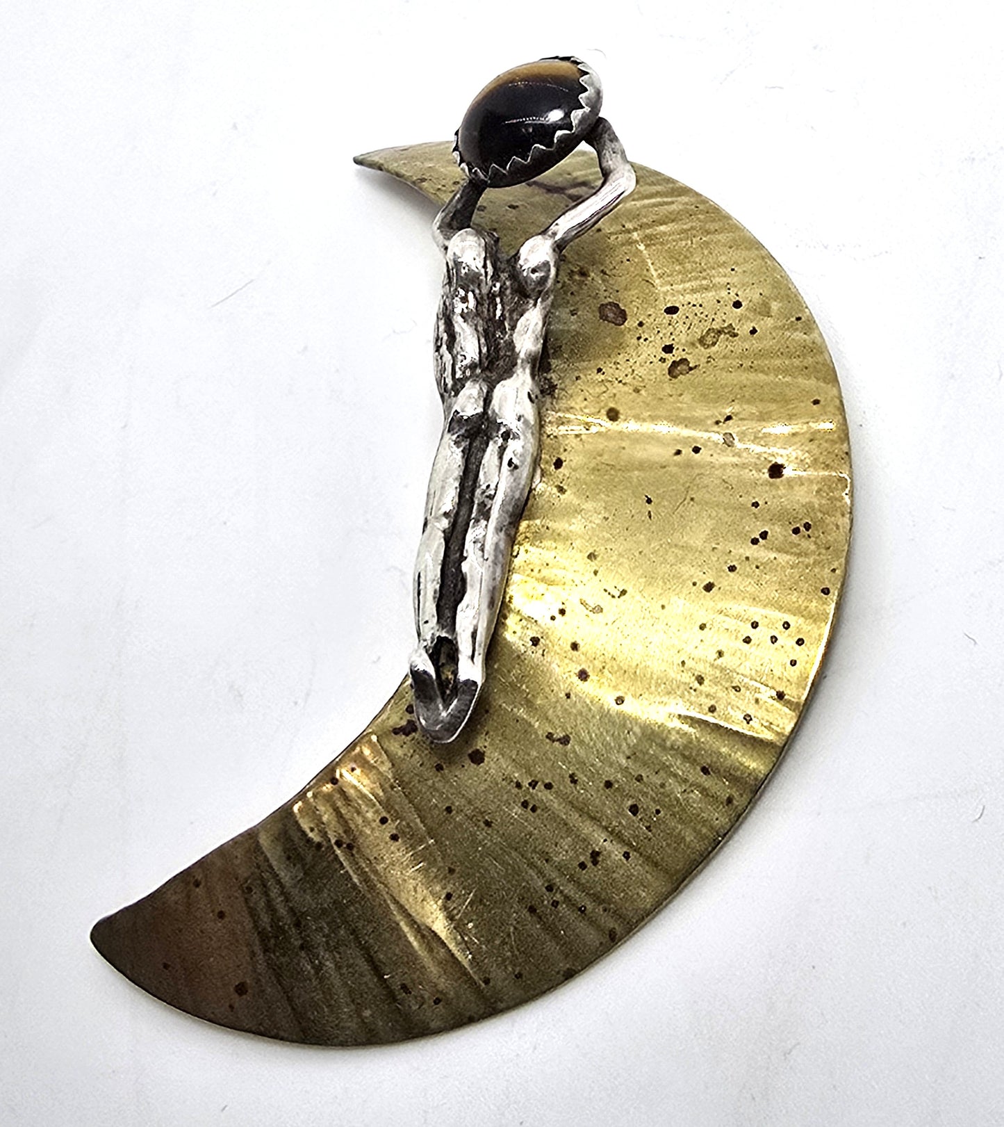 Shooting star Tiger's eye sterling silver and brass crescent moon vintage brooch