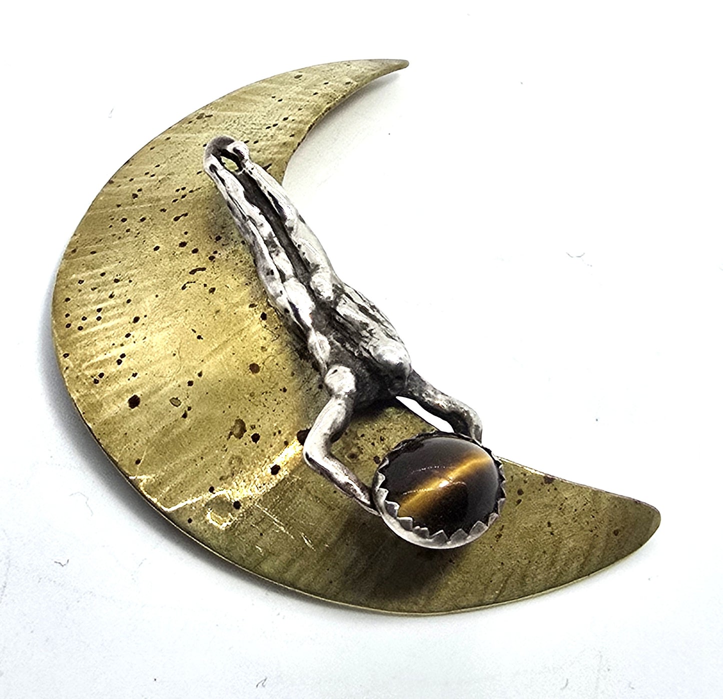 Shooting star Tiger's eye sterling silver and brass crescent moon vintage brooch