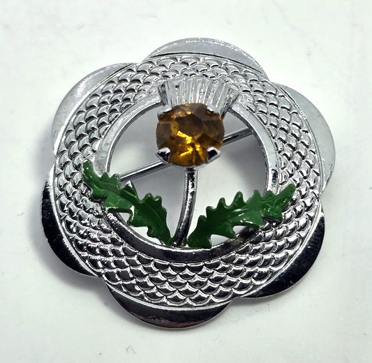 Mizpah miracle silver plated orange rhinestone vintage Scottish thistle brooch
