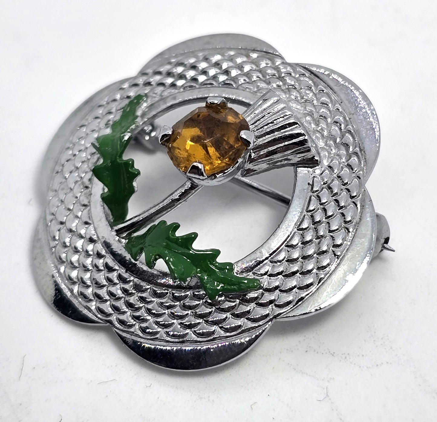 Mizpah miracle silver plated orange rhinestone vintage Scottish thistle brooch