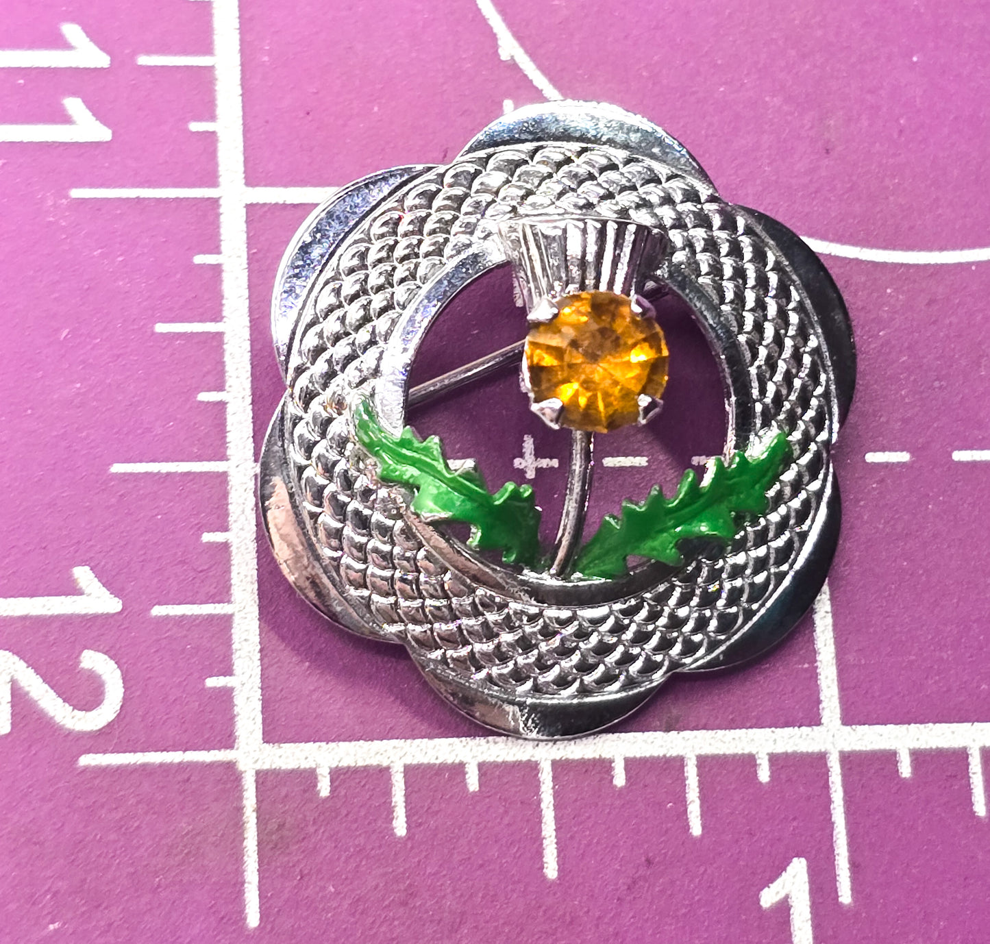 Mizpah miracle silver plated orange rhinestone vintage Scottish thistle brooch
