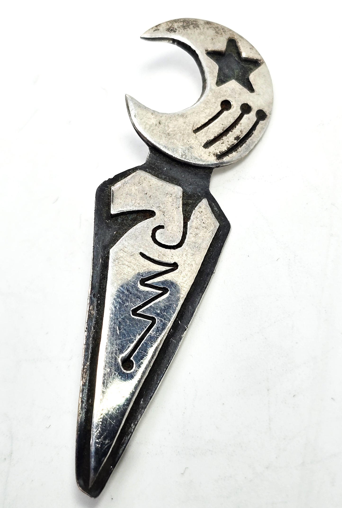 Crescent moon and star celestial artisan Mexico sterling silver vintage brooch