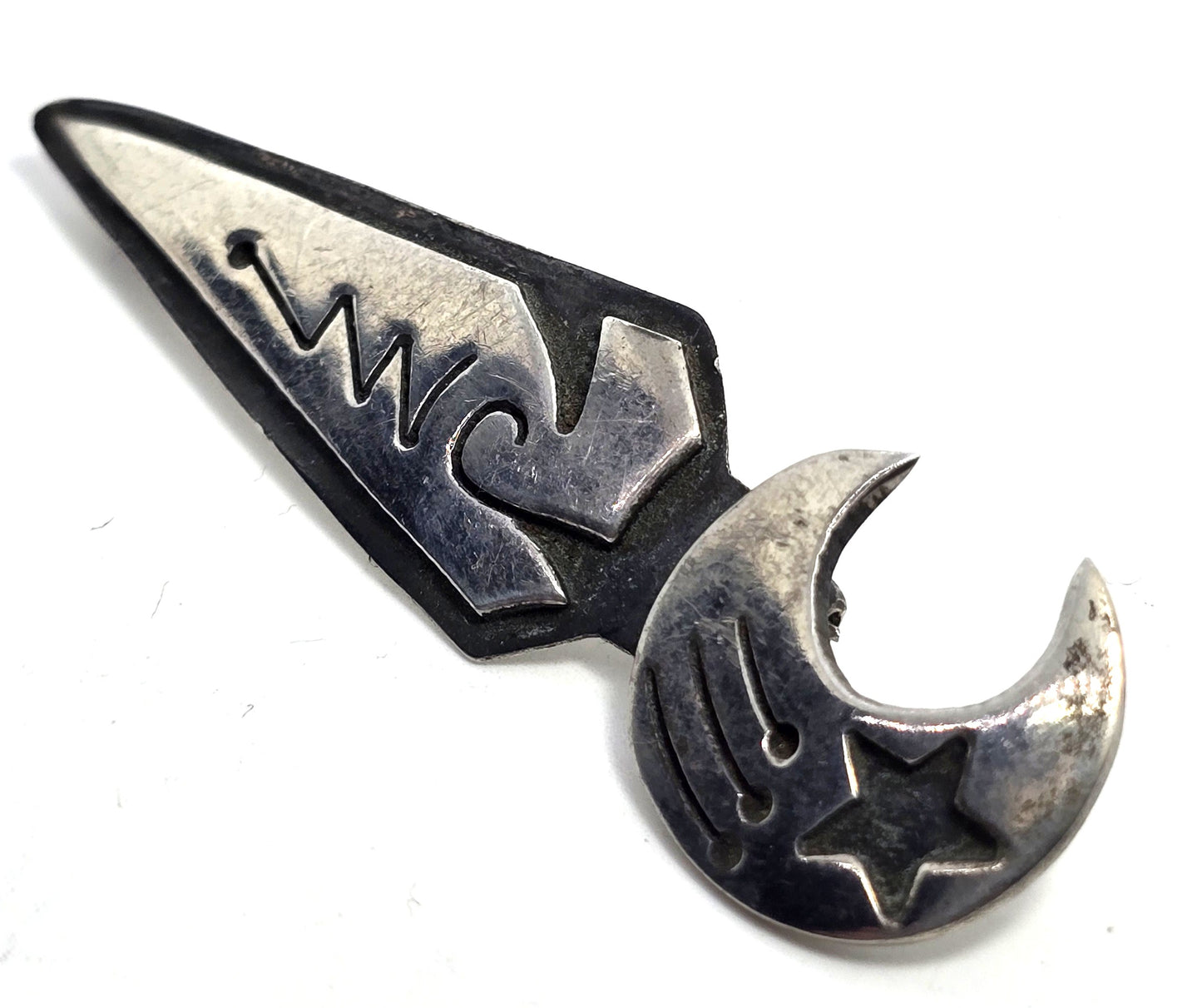 Crescent moon and star celestial artisan Mexico sterling silver vintage brooch