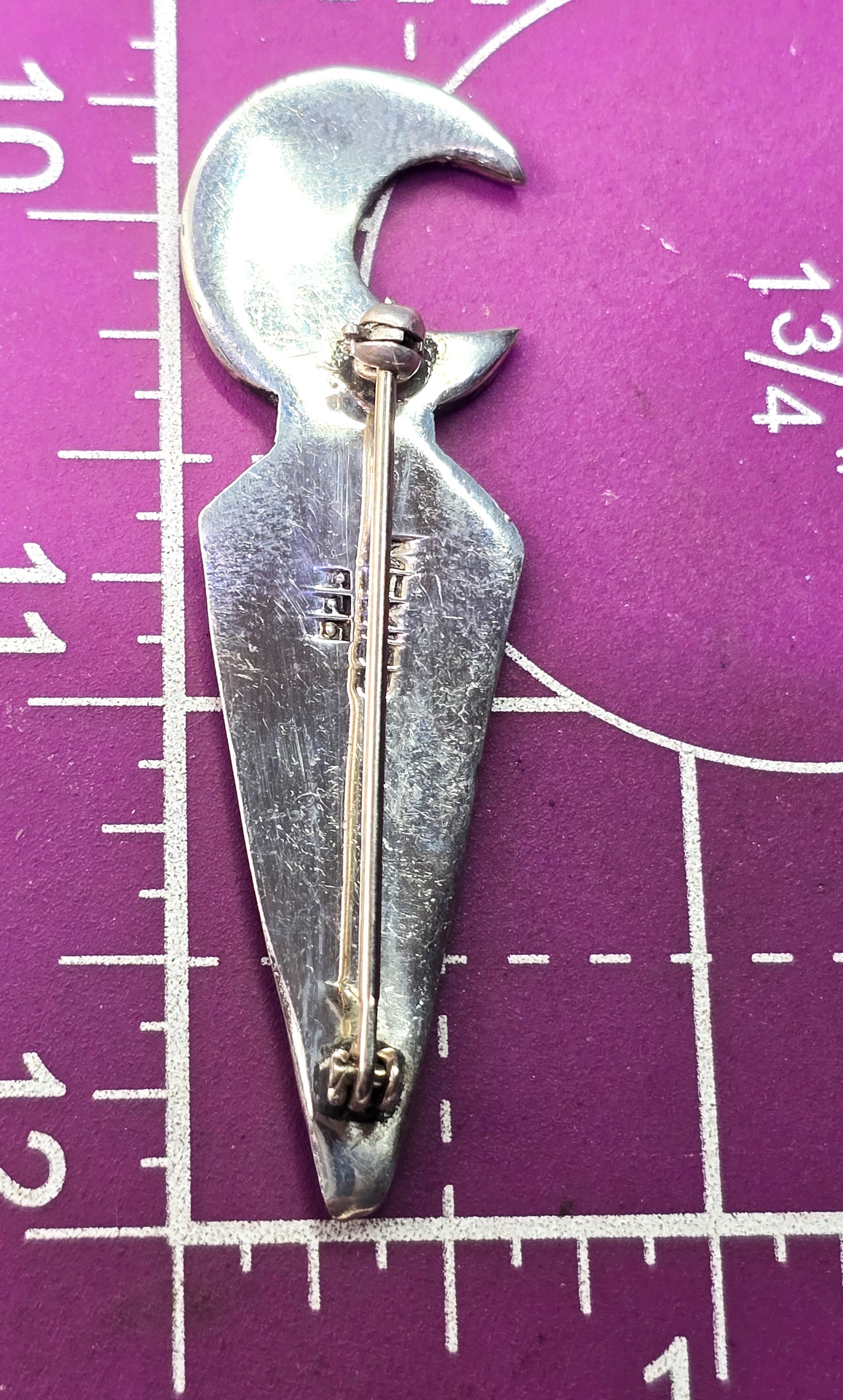 Crescent moon and star celestial artisan Mexico sterling silver vintage brooch