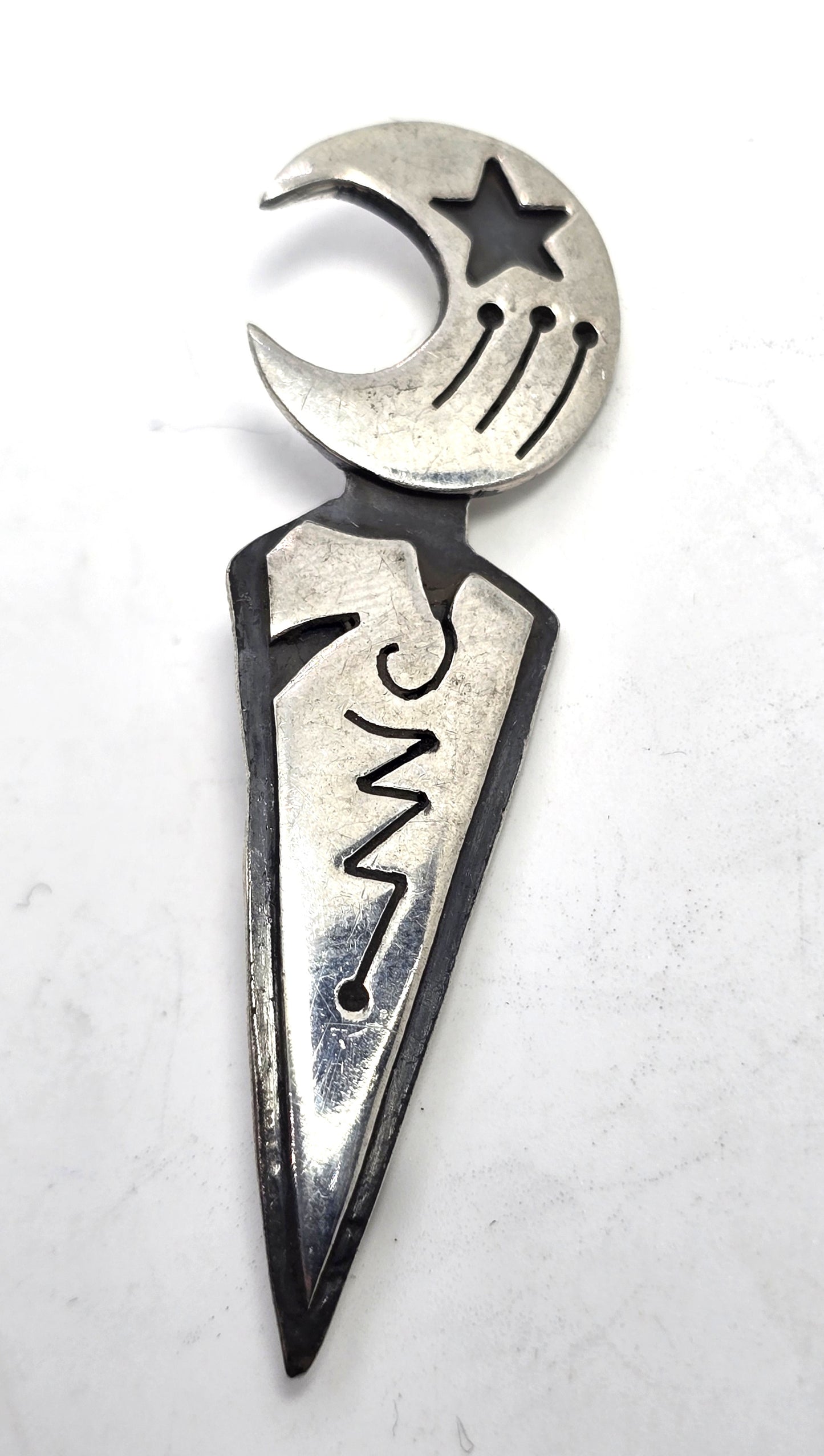 Crescent moon and star celestial artisan Mexico sterling silver vintage brooch