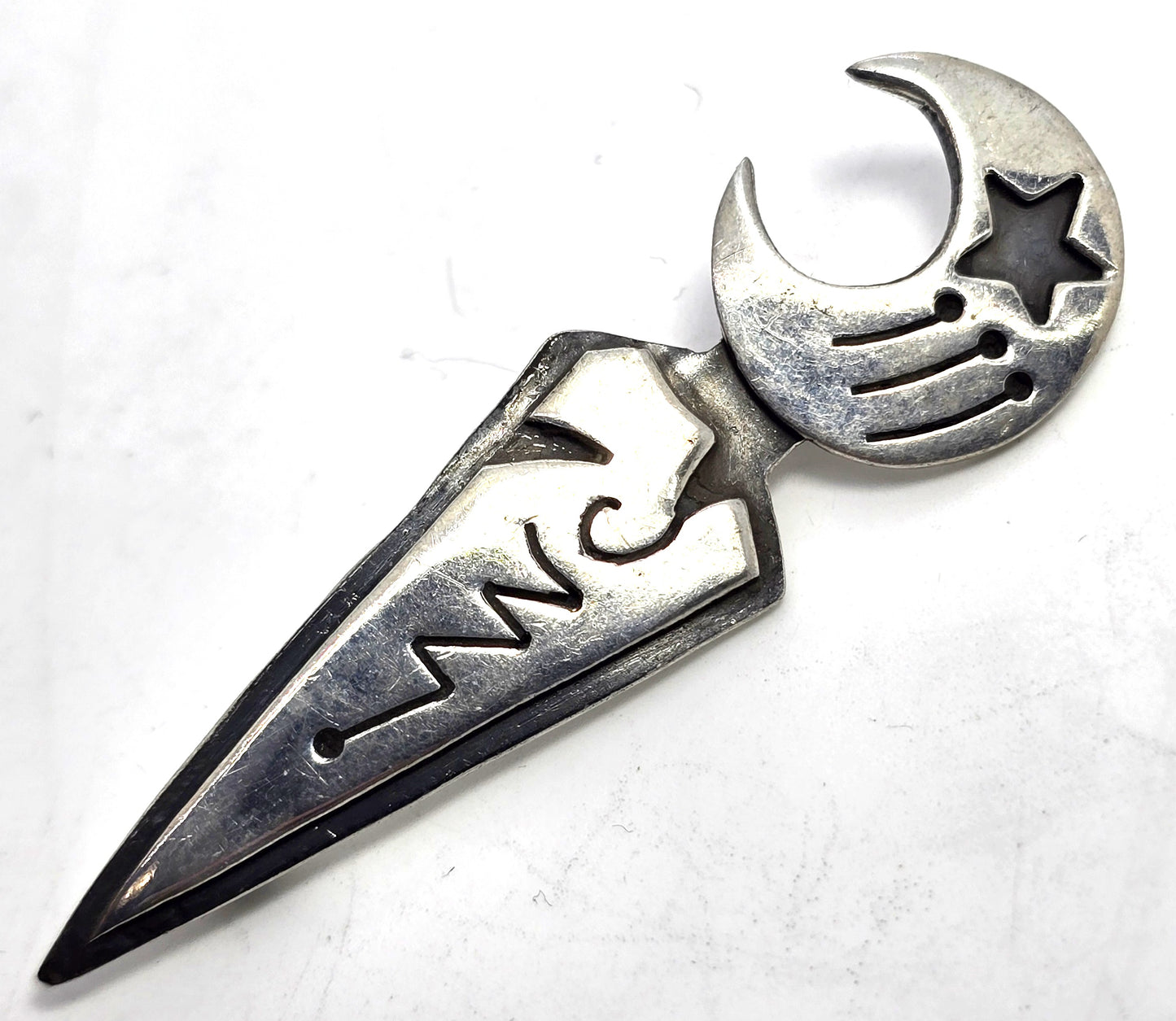 Crescent moon and star celestial artisan Mexico sterling silver vintage brooch