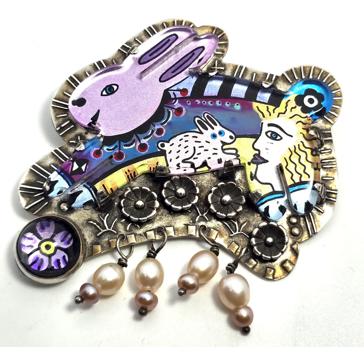 Jane Carpenter Millodot Rabbit reverse painted sterling silver pearl pendant brooch
