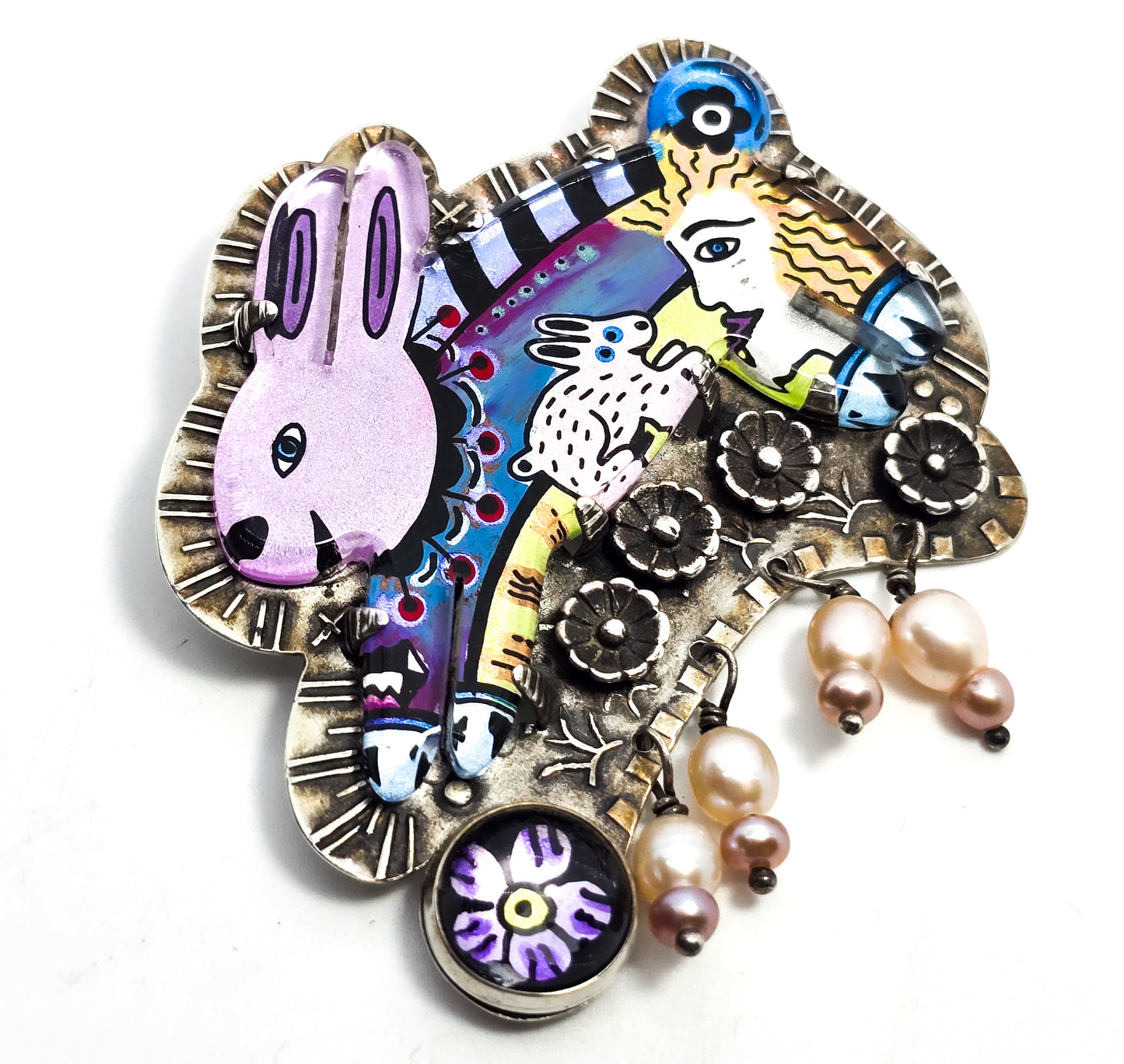 Jane Carpenter Millodot Rabbit reverse painted sterling silver pearl pendant brooch