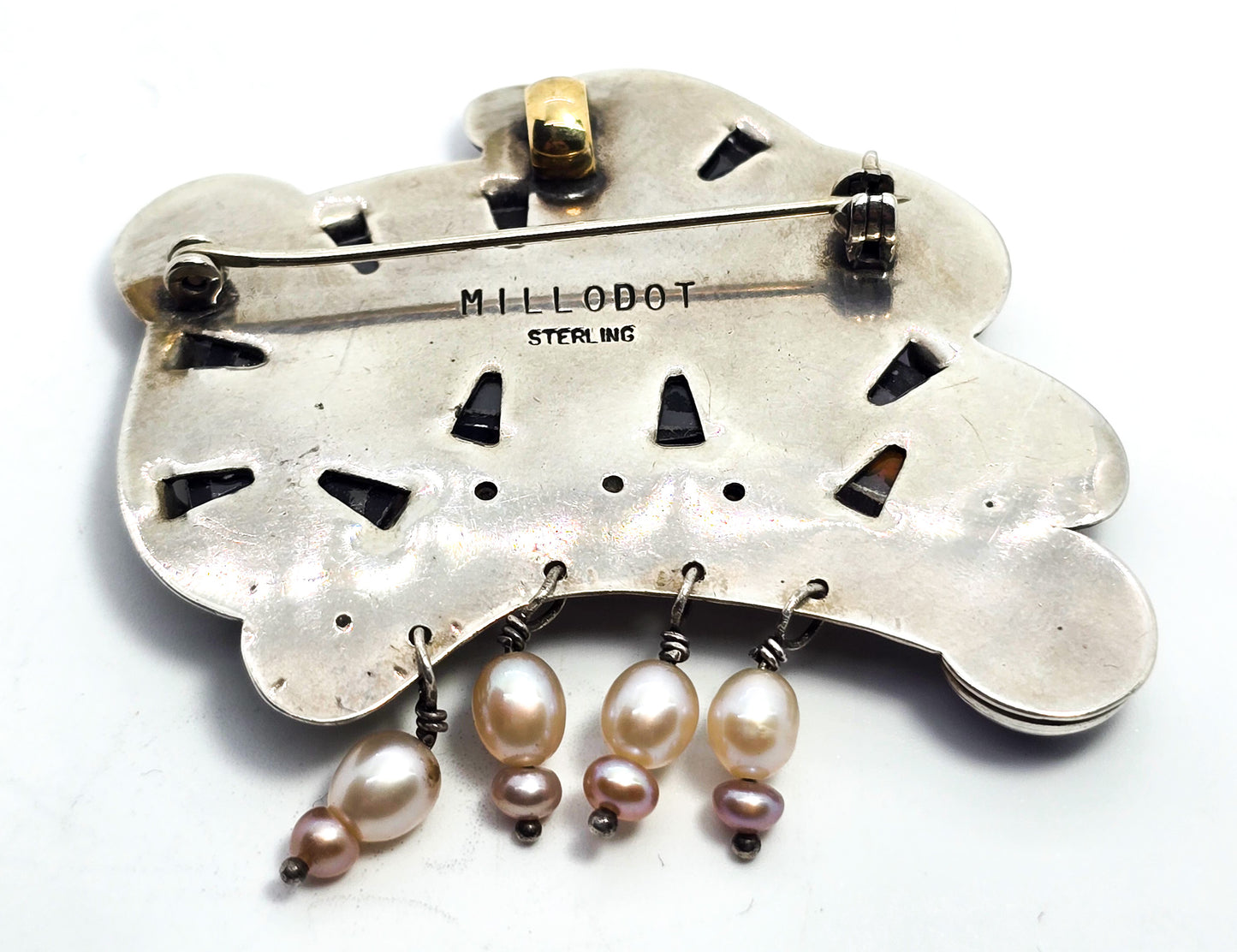 Jane Carpenter Millodot Rabbit reverse painted sterling silver pearl pendant brooch