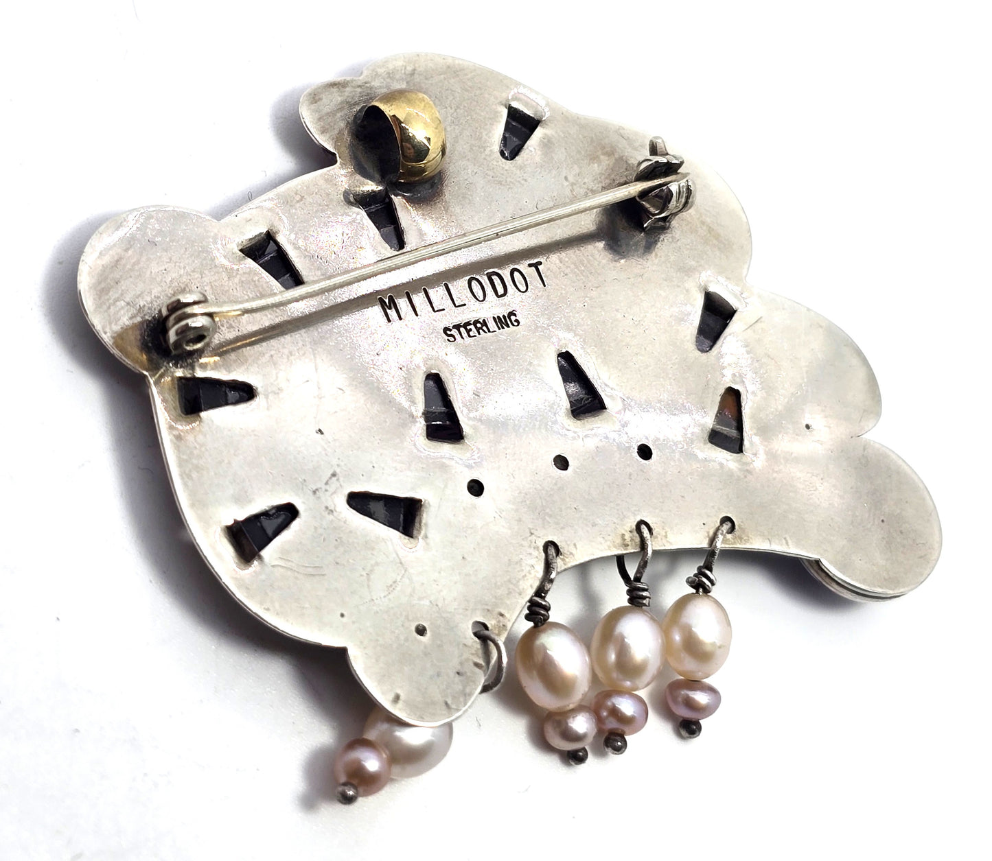 Jane Carpenter Millodot Rabbit reverse painted sterling silver pearl pendant brooch