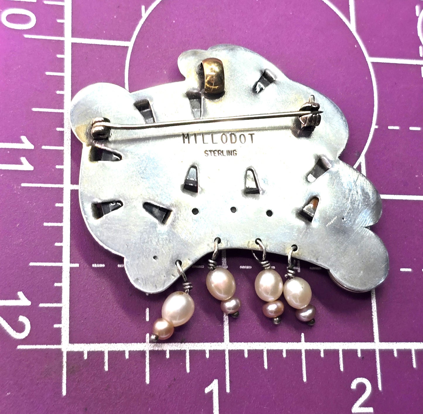 Jane Carpenter Millodot Rabbit reverse painted sterling silver pearl pendant brooch