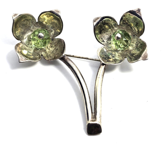 ME Mexican Modernist flower green beaded vintage sterling silver brooch