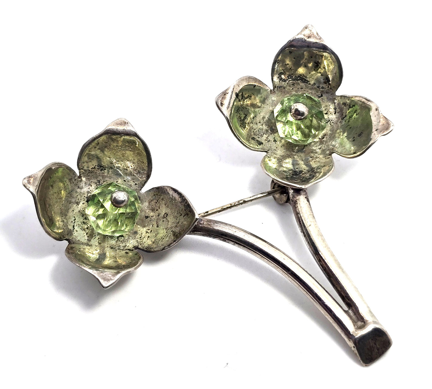 ME Mexican Modernist flower green beaded vintage sterling silver brooch