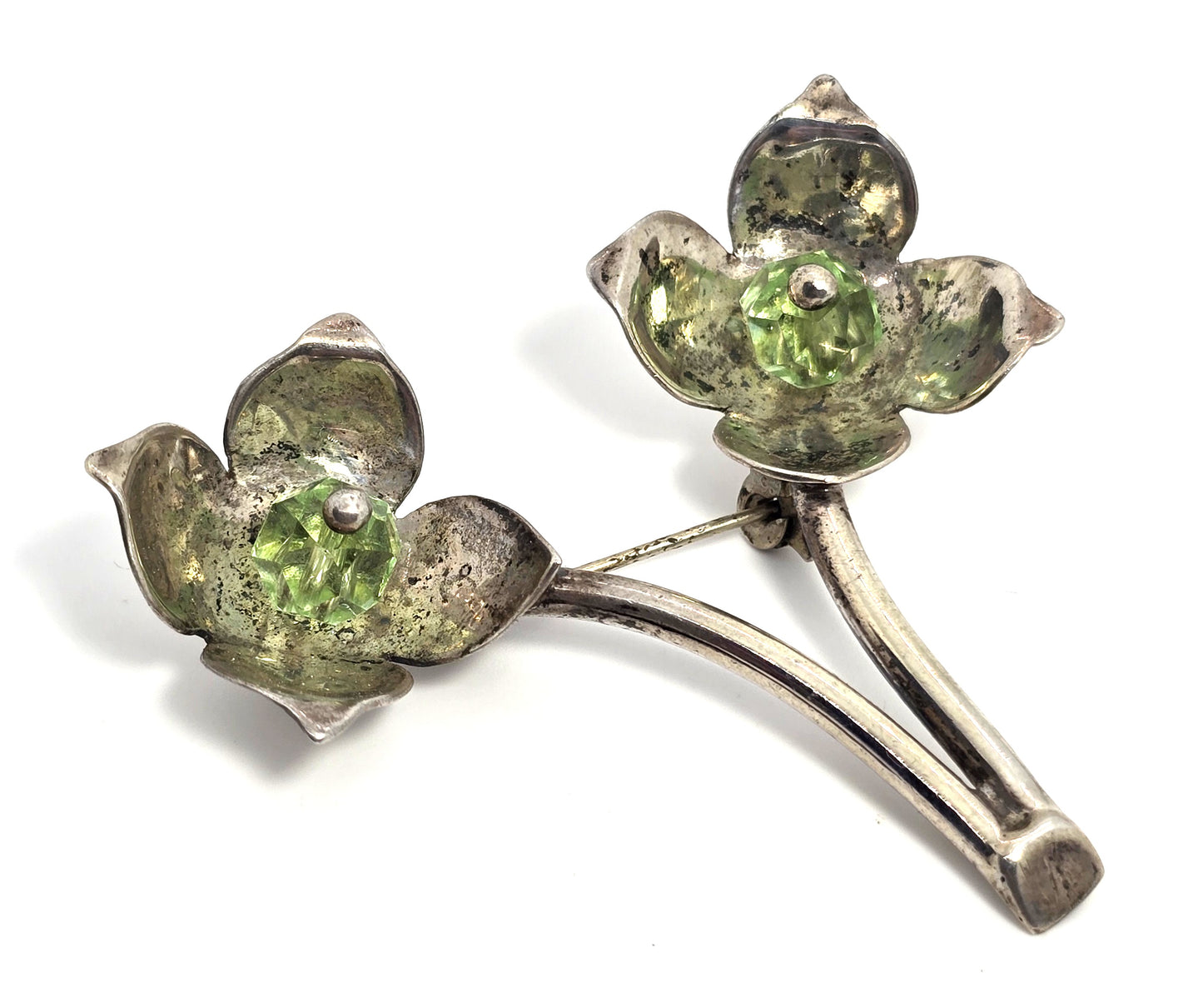ME Mexican Modernist flower green beaded vintage sterling silver brooch