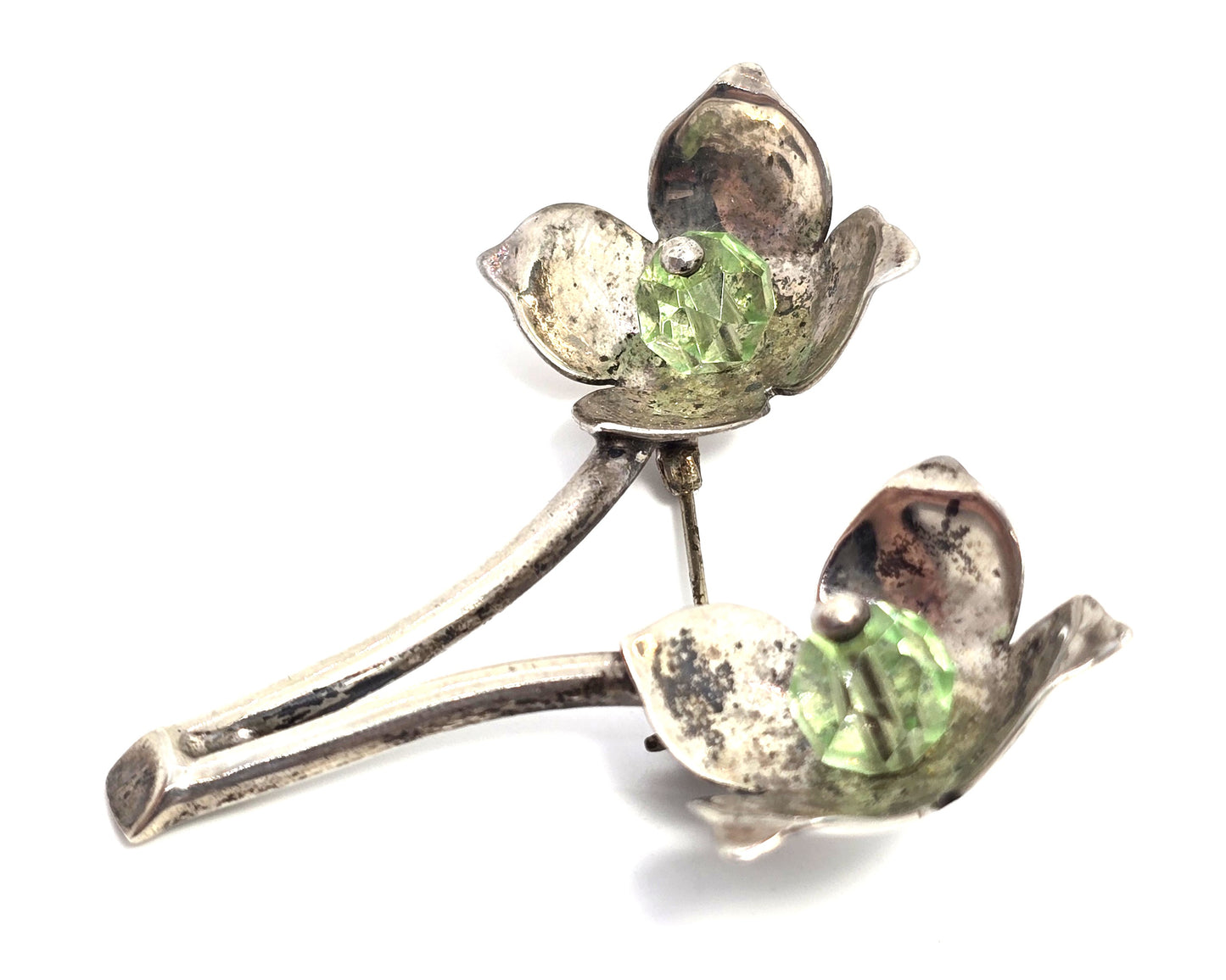ME Mexican Modernist flower green beaded vintage sterling silver brooch