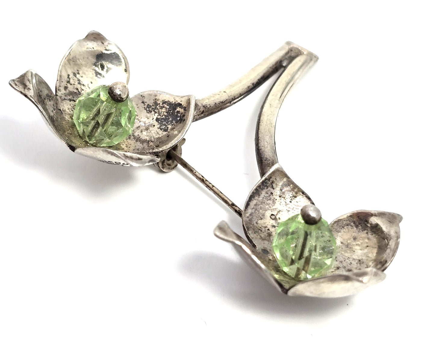 ME Mexican Modernist flower green beaded vintage sterling silver brooch