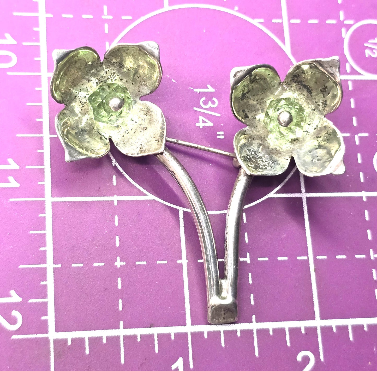 ME Mexican Modernist flower green beaded vintage sterling silver brooch