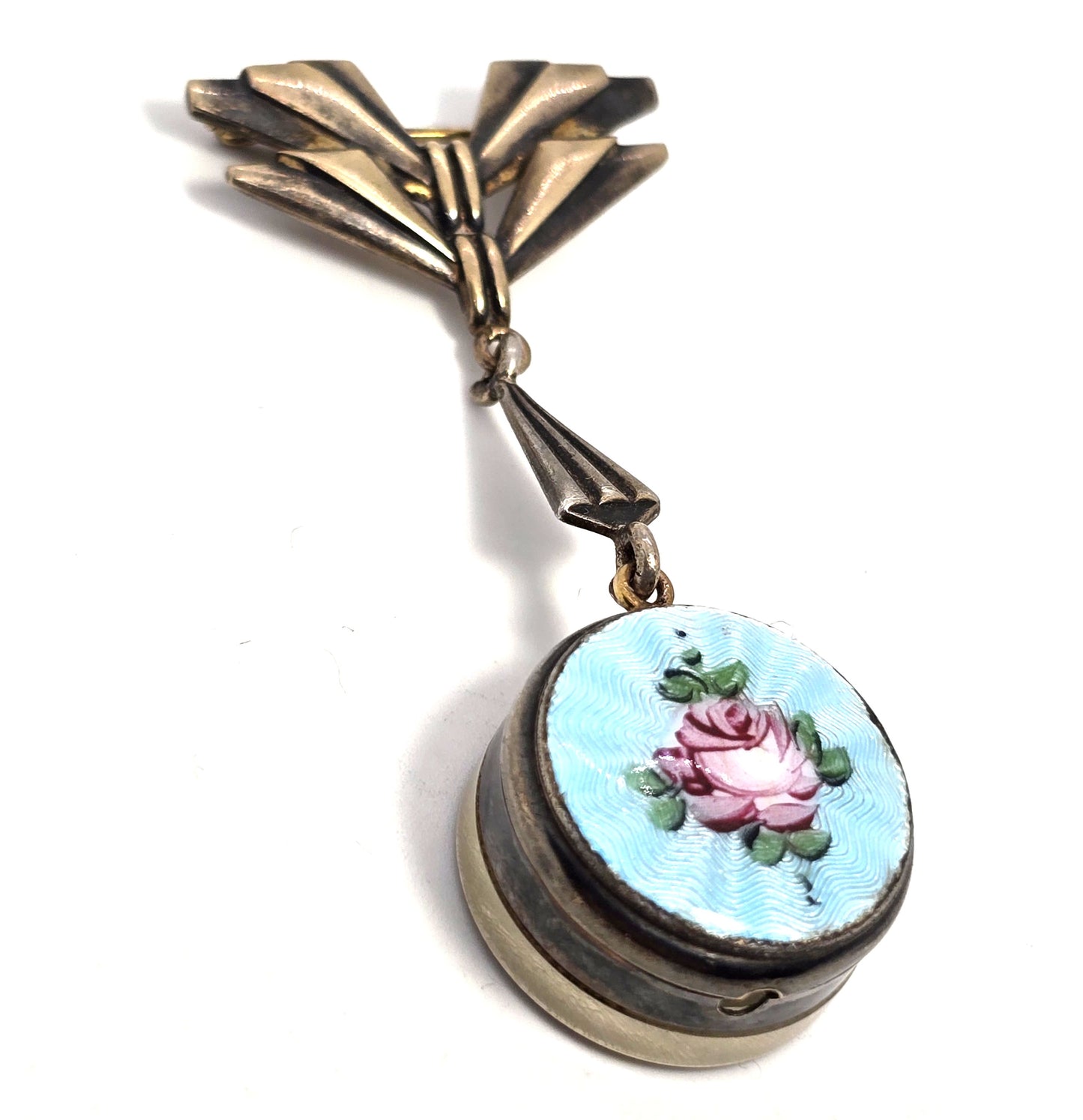Art Deco Blue Guilloche pink rose vintage sterling silver watch locket brooch