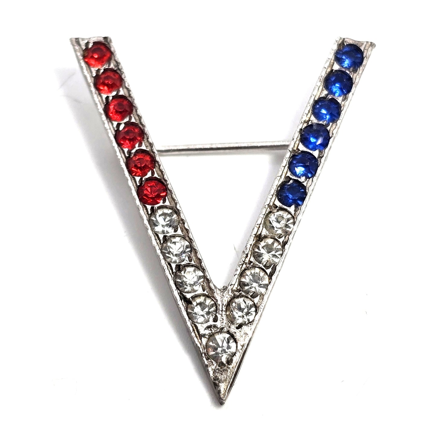 Uncas WWII victory V red white and blue rhinestone sterling silver brooch