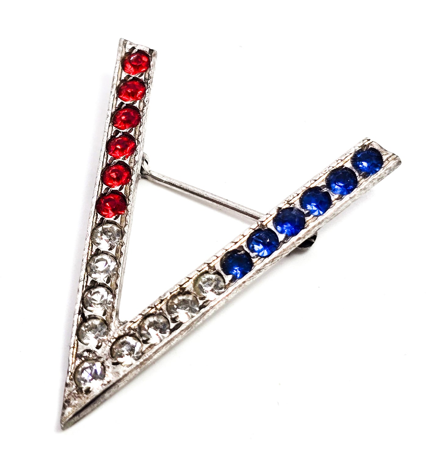 Uncas WWII victory V red white and blue rhinestone sterling silver brooch